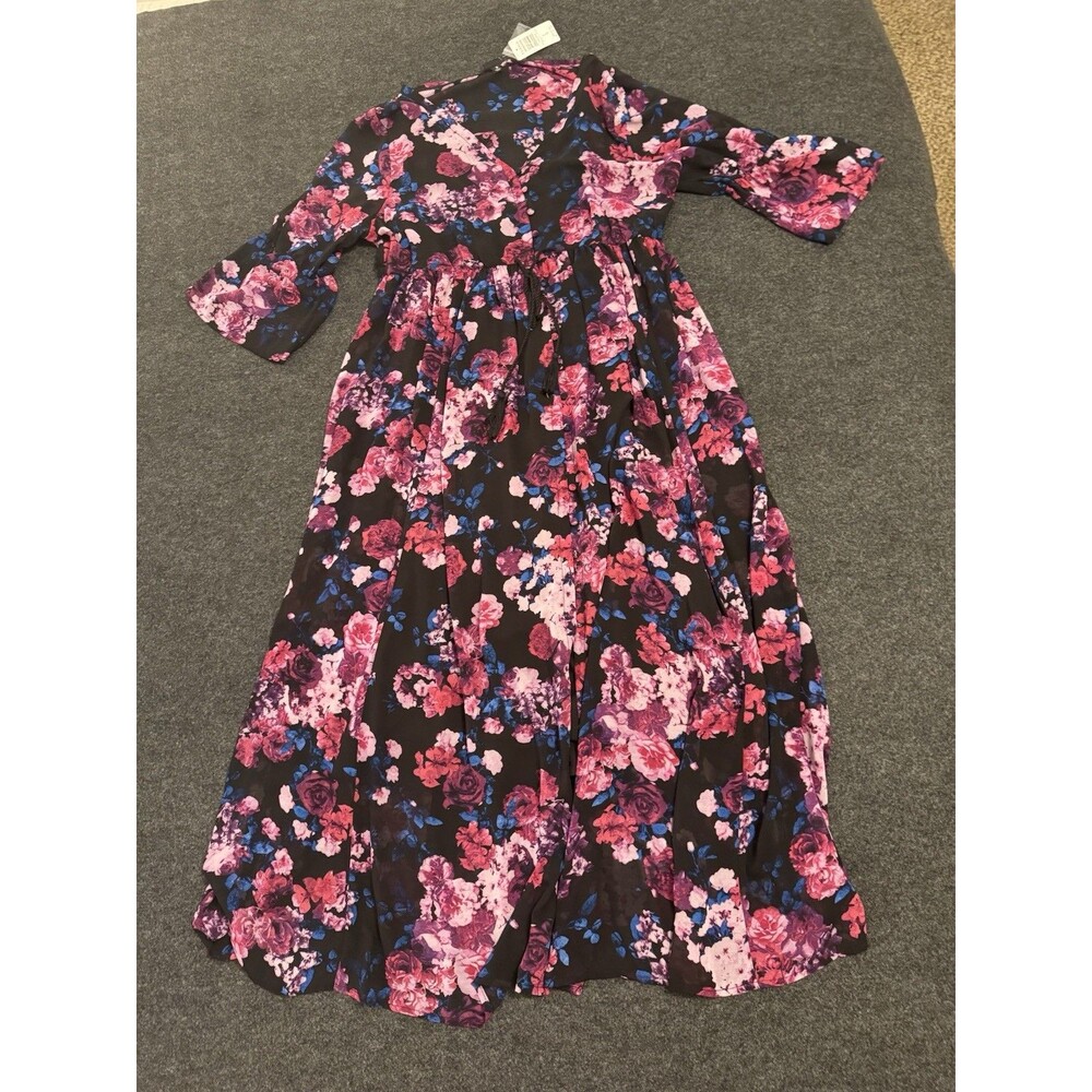 Torrid Floral Maxi Dress Black Pink Purple Blue V-Neck 3/4 Sleeve Button 0X